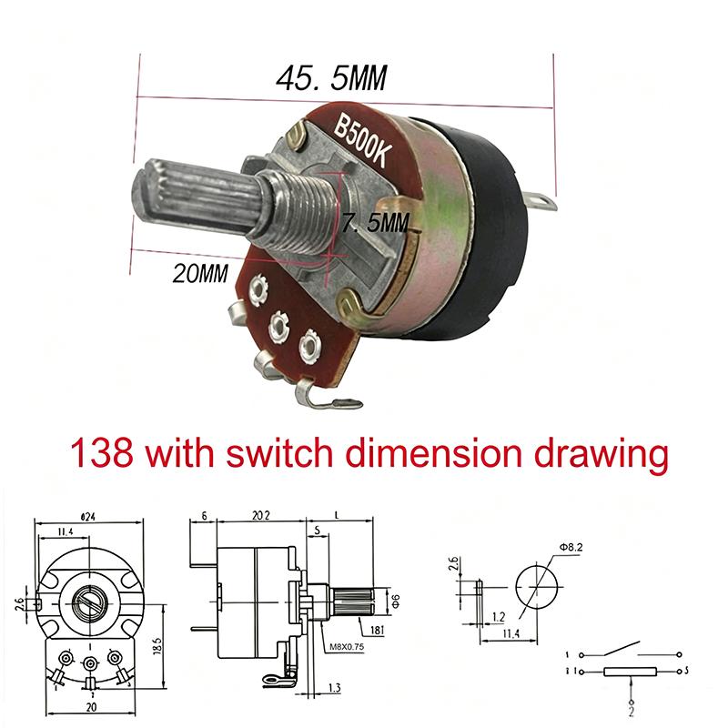 Potentiometer 10K - WH138-1 ตัวปรับความเร็วแบบปรับค่าความต้านทานได้ พร้อมสวิตช์โพเทนชิโอมิเตอร์ B5K/10K/20K/50K/100K/250K/500K